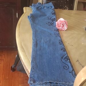 Women's Blue Jeans with Black Floral Design